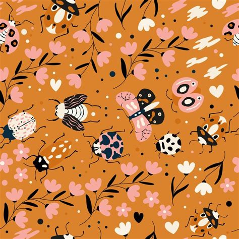Seamless pattern with cute bugs beetles moth and insects with floral ...