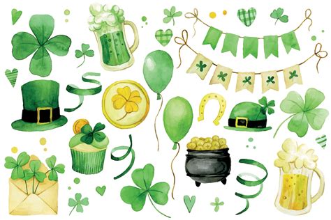 watercolor drawing. large set of cute illustrations for st patrick's ...