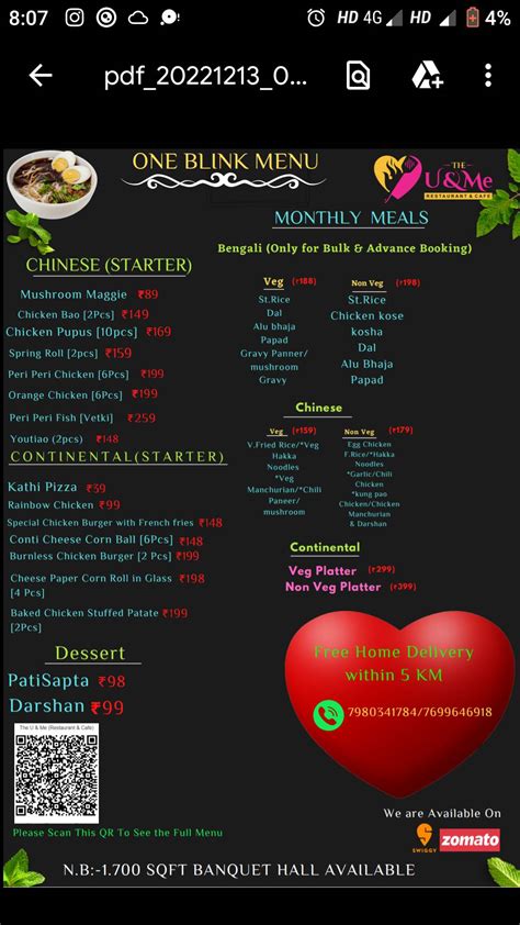 Menu at The U & Me (Restaurant & Cafe), Kolkata