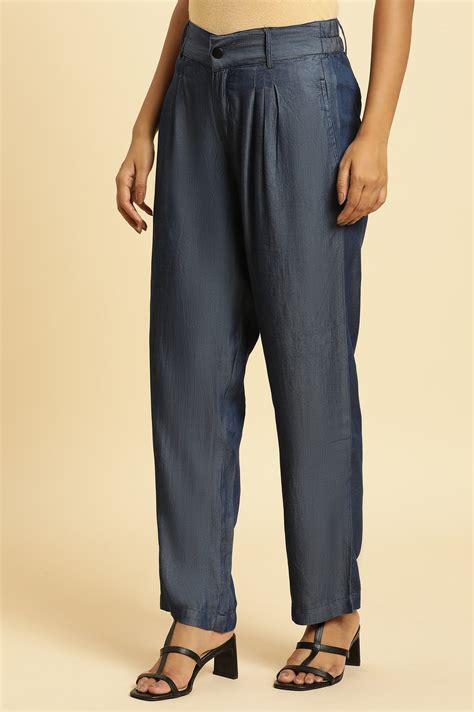 Buy Elleven Women's Blue Solid Straight Fit Denim Pants With Pleated ...
