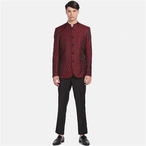 Men Maroon Printed Bandhgala Blazer
