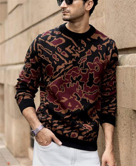 Black Abstract Jacquard Cotton Sweater – Powerlook