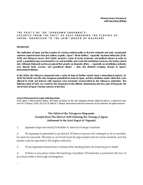 Edict of 1635: The Tokugawa Shogunate's Foreign Policy DBQs - Studocu