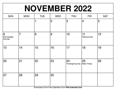 Monthly Calendar Template November 2022 - Preschool Calendar Printable