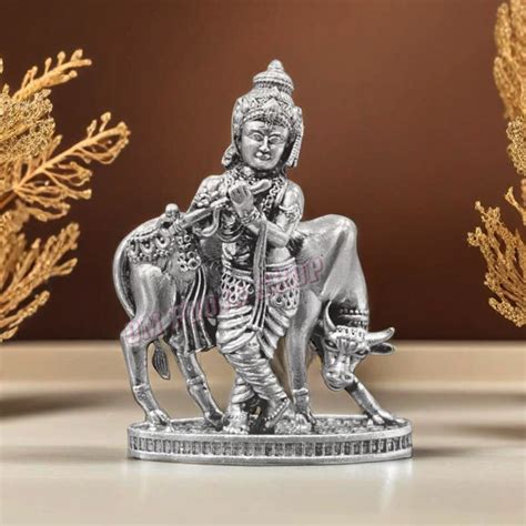Krishna with Cow 925 Pure Silver Idol - Size: 1.75 inches