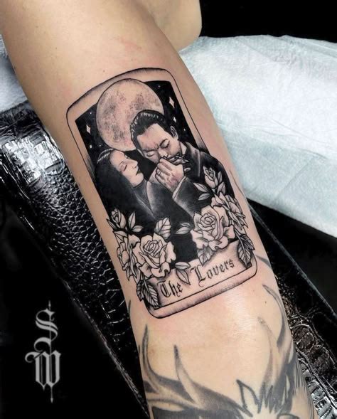 Black and grey realistic tattoo of Morticia and Gomez Addams Family in ...