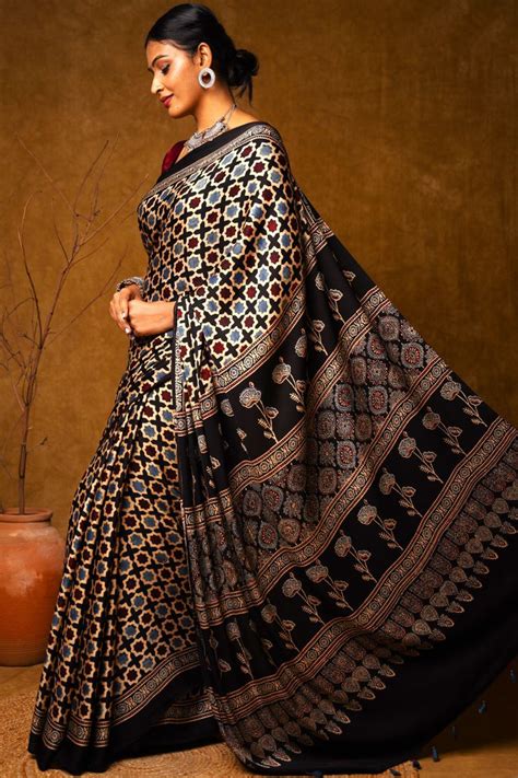 Black Starry Squad Modal Silk Ajrakh Saree - House Of Elegance – House ...