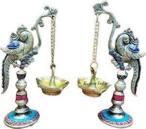 Explore india Brass Parrot Long Chain Oil Lamp Diya Stone Work ...