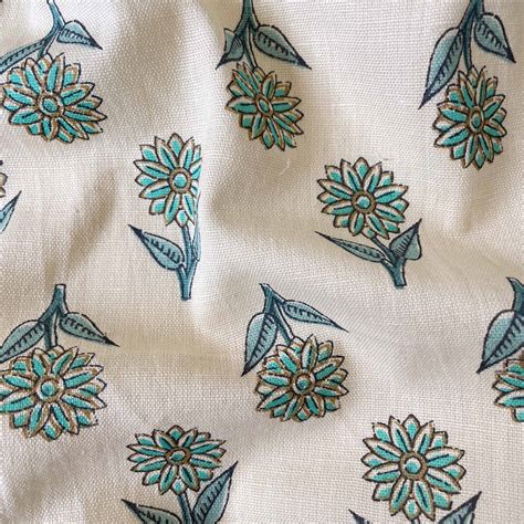 Fresh Beige & Green Sunflower Hand Block Printed Pure Cotton Linen Fab ...