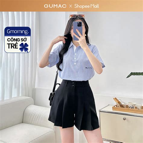 [MUA 2 GIẢM 50K] Áo sơ mi nữ tay ngắn chui đầu sọc xanh thêu chữ vải mềm mát thời trang Gmorning ...