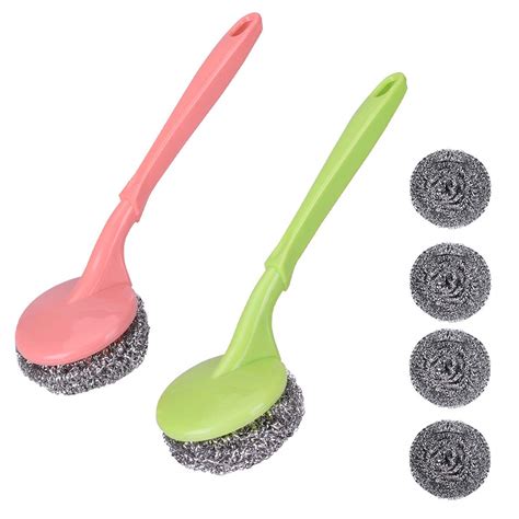 MustHome 2 Stainless Steel Scrubbers with Handle Cleaning Brush with 4 ...