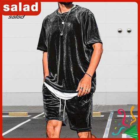 [SA] Drawstring Waist Pants and Round Neck Top Set Men Velvet Street ...