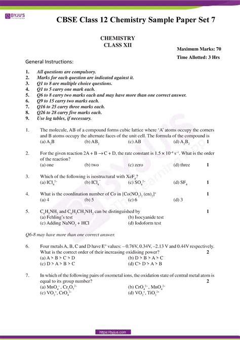 CBSE Sample Paper Class 12 Chemistry Set 7 - CHEMISTRY CLASS XII All ...