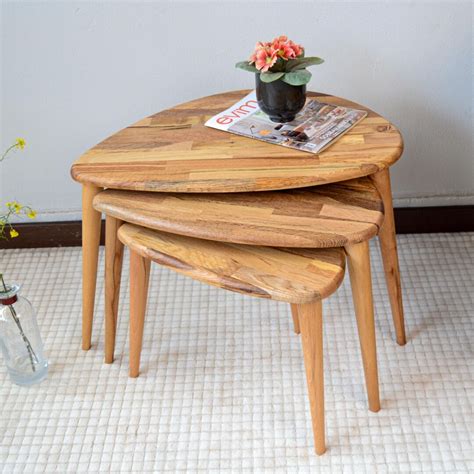 Solid Oak Set of 3 Ercol Style Nesting Coffee Table With Wooden Tapered Legs, Side Table,end ...