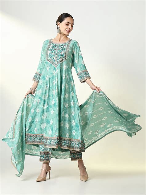 SHOWOFF Women's Floral Green Anarkali Kurta and Trousers With Dupatta ...