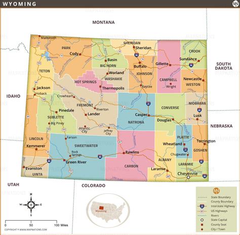 Map of Wyoming with Counties, Highways, and Major Cities