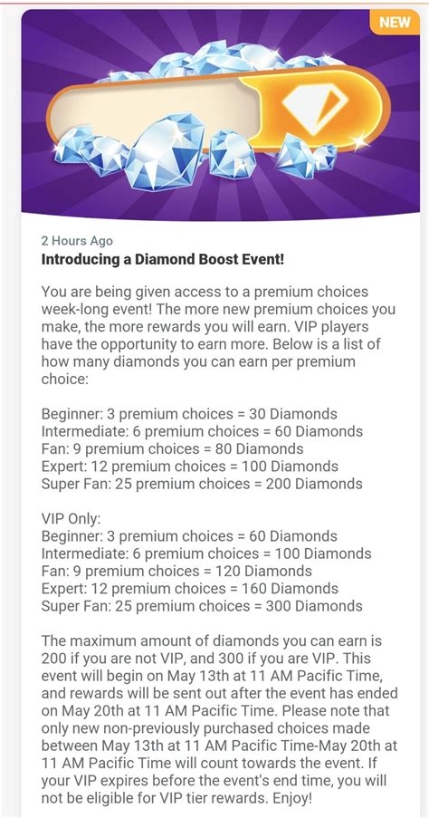 Choices PSA: Diamond Boost Event from May 13th to May 20th 11AM Pacific Time : r/ChoicesVIP