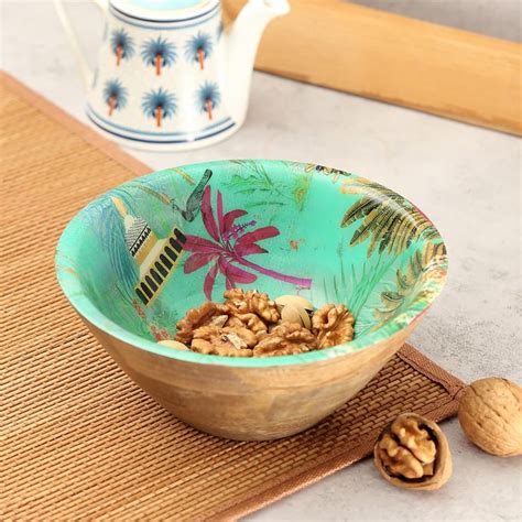 Buy India Circus By Godrej Venture Teal Printed Wooden Serving Bowl ...