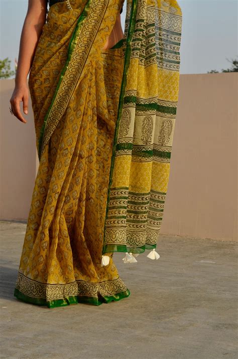 Yellow Bagru Print Kota Doriya with Zari Border – Gray and Green Store