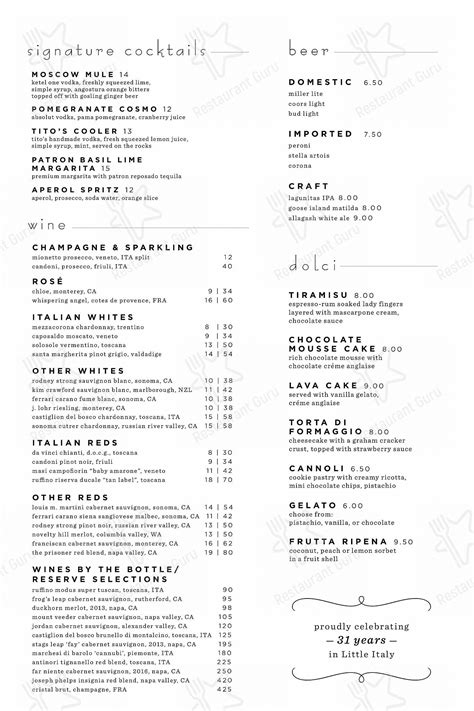 Menu at Tuscany Taylor restaurant, Chicago, W Taylor St