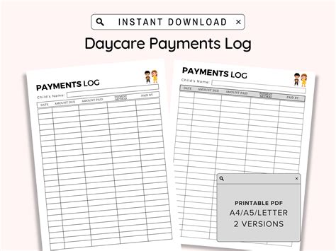 Tuition Payment Log Printable, Daycare Payment Log, Childcare Payment ...