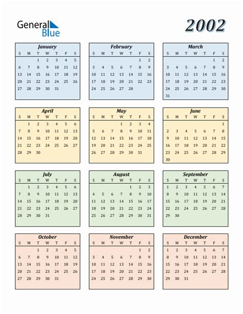 Free 2002 Calendars in PDF, Word, Excel