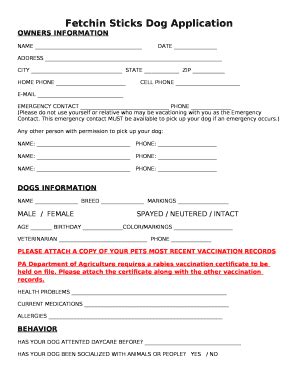Fetchin Sticks Dog Application Doc Template | pdfFiller