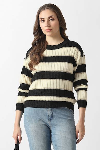 Buy Women Black Stripe Round Neck Sweater Online - 40242650 | Van Heusen