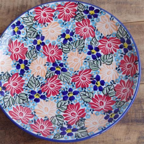 【再入荷】【新品】 ポーランド食器 ポーリッシュポタリー ケーキ皿 ランチプレート 22cm 中皿 T134-KS02 オレンジ 赤 ネイビー ...