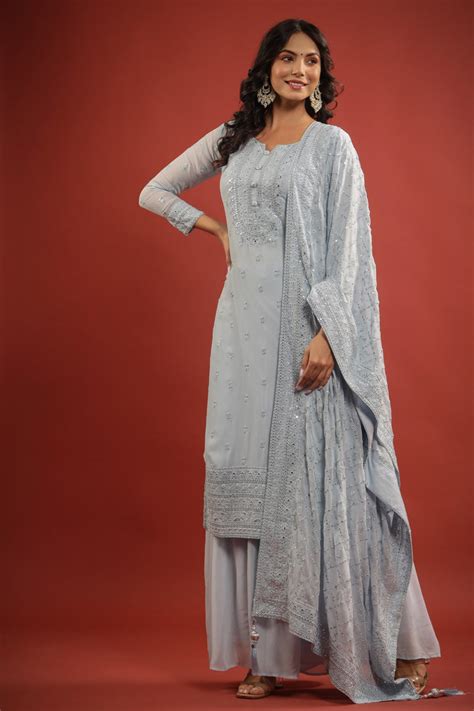 Powder Blue Mirror Resham Embroidered Georgette Suit Set – Rang Roop Online