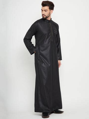 Nabia Black Solid Mens Thobe/Jubba with Beige Piping Design