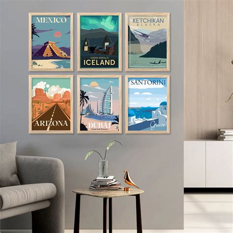 Travel Theme Iconic City View Retro Framed Posters for Wall Decor Set ...