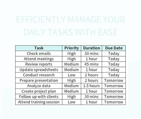 Efficiently Manage Your Daily Tasks With Ease Excel Template And Google ...