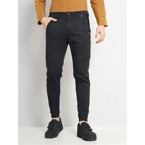 Buy CELIO Men Black Solid Slim Fit Cotton Twill Denim Cargo Jeans Online