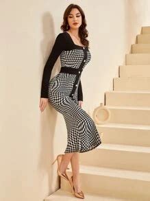 SHEIN Privé Houndstooth Print Button Front Bodycon Dress Workwear ...