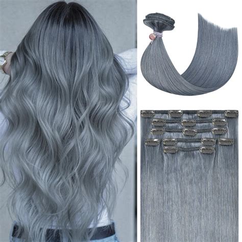 Amazon.com : Honsoo Gray Hair Extensions Real Human Hair Clip Ins 70g ...