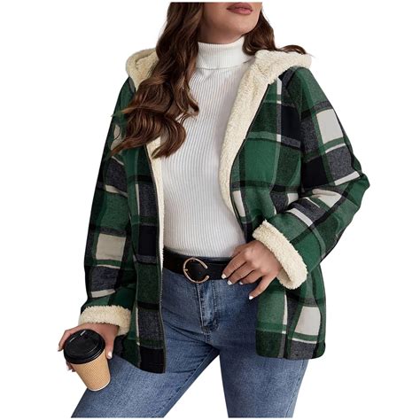 Diufon Fleece Jackets for Women Oversized Plaid Long Sleeve Hooded ...