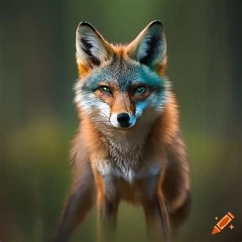 Wolf-fox hybrid with realistic face in a forest