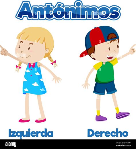 Vector cartoon illustration of antonyms in Spanish language means left ...