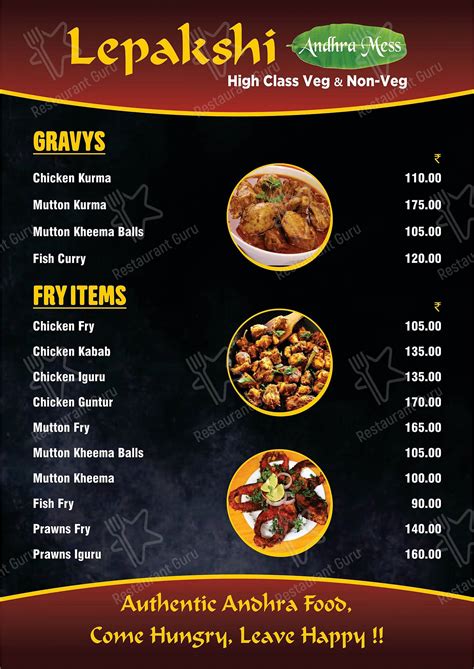 Menu at Lepakshi Andhra mess, Bengaluru