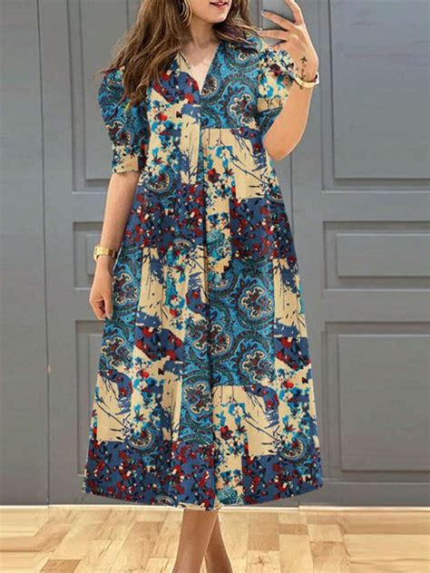 ZANZEA Vintage Women V-Neck Short Sleeve Summer Holiday Random Print ...