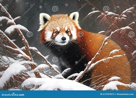 Red Panda in Winter Forest, Portrait of Wild Animal on Snow, Generative ...