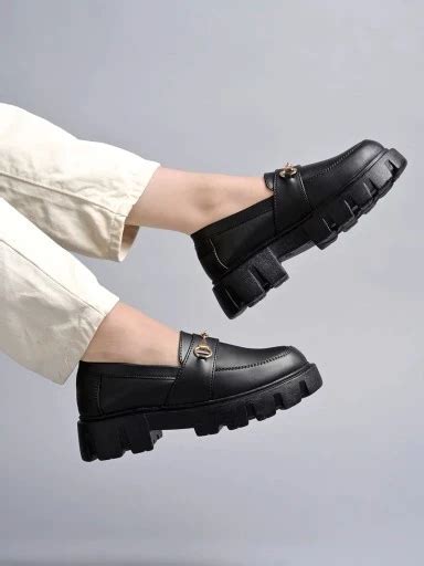 Buy Shoetopia Smart Casual Chain Detailed Black Loafers For Women ...