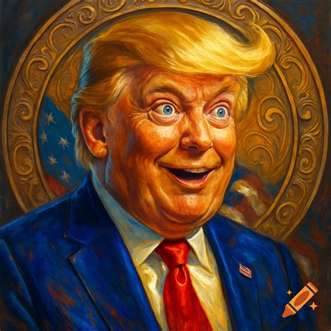 A painterly portrait of Donald Trump with a wide smile and wide blue ...