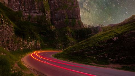 Wallpaper rocks, road, stars, long exposure, starry sky hd, picture, image