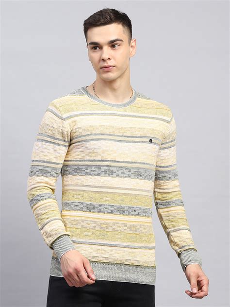 Buy Men Green Stripe Round Neck Full Sleeve Pullover Online in India ...
