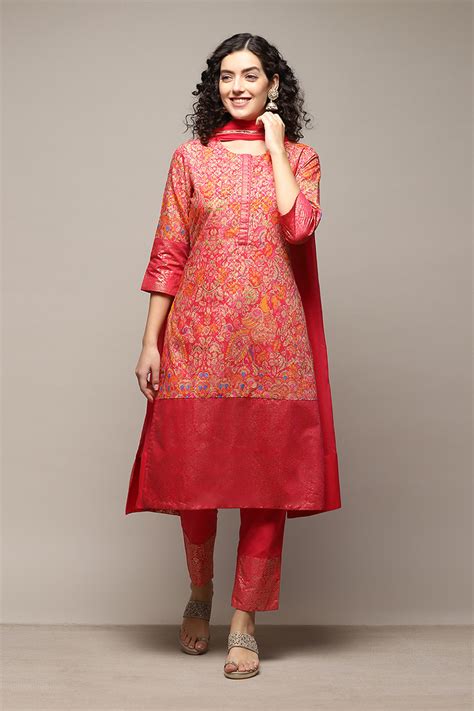 Fuchsia Polyester Straight Printed Kurta Slim Pant Suit Set at Biba India