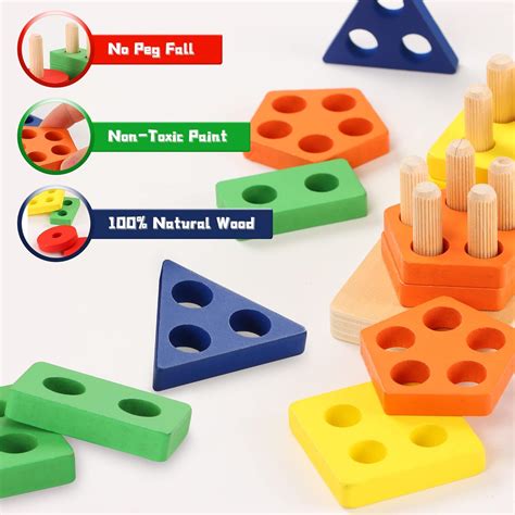 Buy FLYINGSEEDS Wooden Sorting & Stacking Toys for Toddler 2 3 4 Year ...