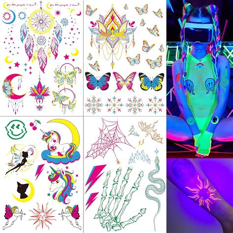 Buy 4 Sheet Neon Temporary Tattoo , UV Glow in the Dark Women Fake ...