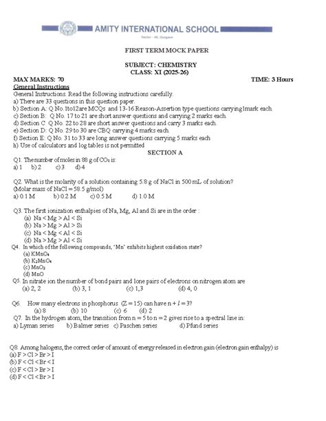 Mock Paper: Chemistry Class XI - First Term Exam (Max Marks: 70) - Studocu